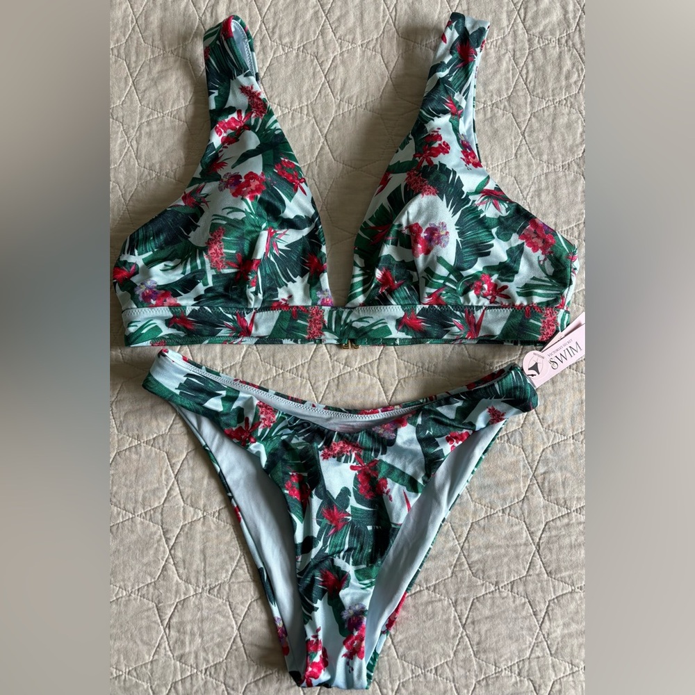 Victoria's Secret Brazilian Bikini Bottom - Green, Teal and red flowers.